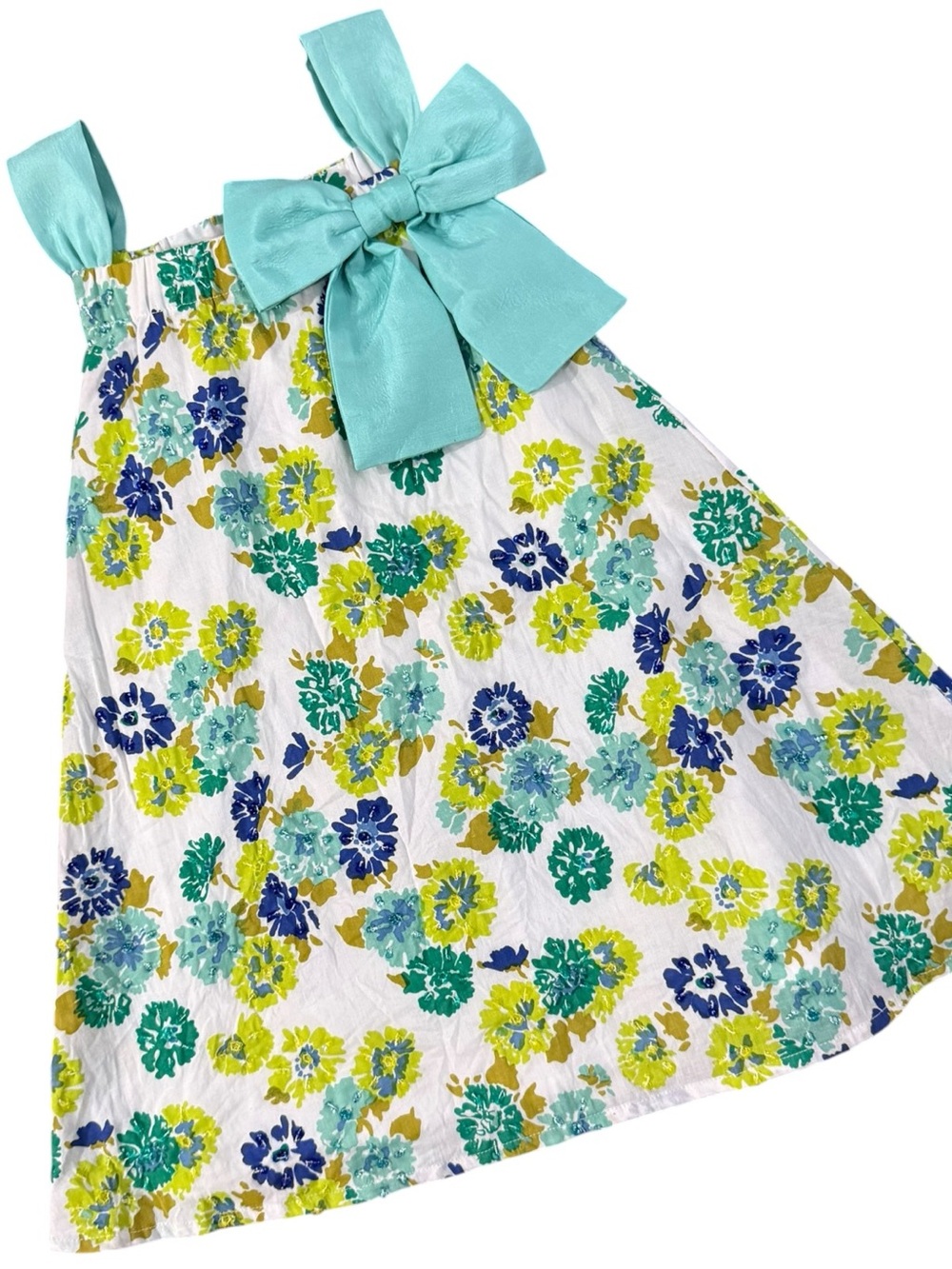 Peace of Cake Floral Bow Dress Girls XS 2-4 Aqua Blue Lined Cotton Boutique